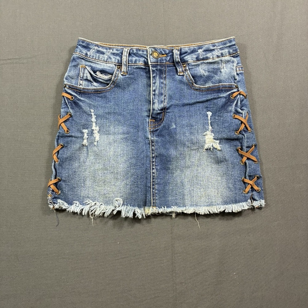 Angel Kiss Denim Mini Skirt Womens Small Lace Up Distressed Frayed Hem Small 12L